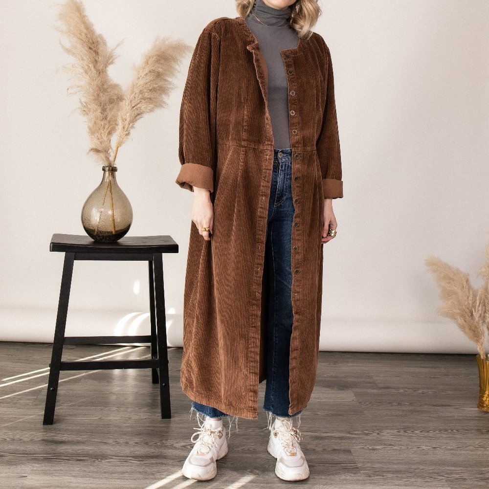 Vintage brown corduroy striped duster dress jacket